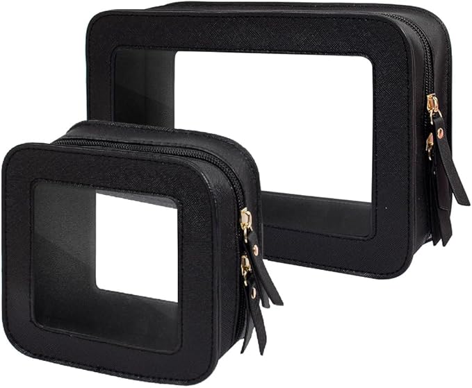 2 Pcs Travel Clear Makeup Bag Set, Clear White Makeup Organizer with Zipper Leather Travel Bags for Toiletries Small Cosmetic Bags for Women Mini Make up Pouch Toiletry Bags Car Essentials