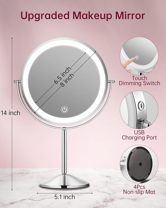 Gospire 8" Lighted Makeup Mirror with Magnification 10X/1X, 3 Color Lights & Dimmable Lighting, 360° Rotation Double Sided Rechargeable Cordless Vanity Cosmetic Standing LED Mirror for Makeup