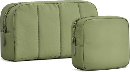 oscaurt 2 Pcs Makeup Bag Travel Toiletry Bag for Women Puffy Padded Cosmetic Pouch Purse Wide-open Makeup Organizer Case Travel Essentials