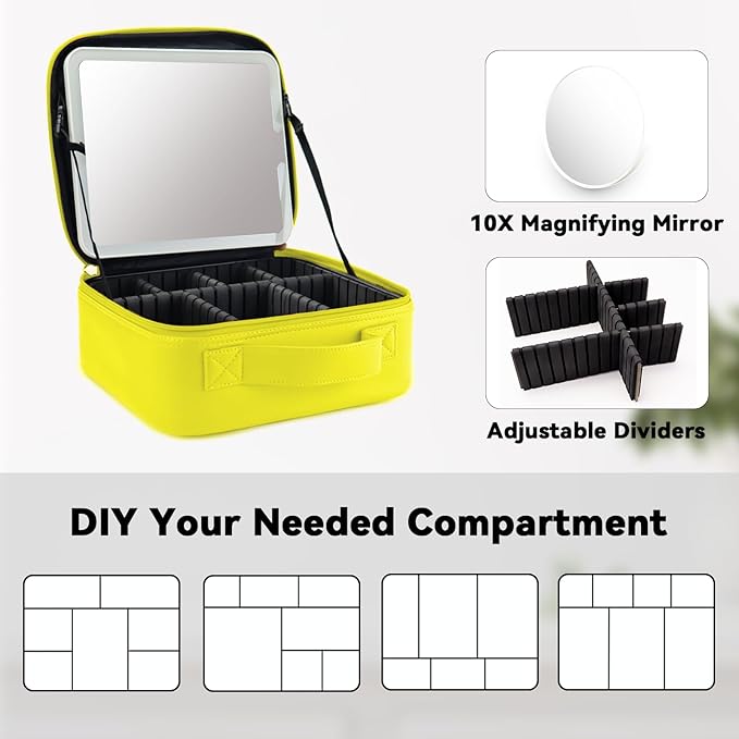 Travel Makeup Bag with LED Mirror and 10x magnifying glass with 3 Lighted Settings, Adjustable Dividers and Makeup Brush Storage Bag Yellow