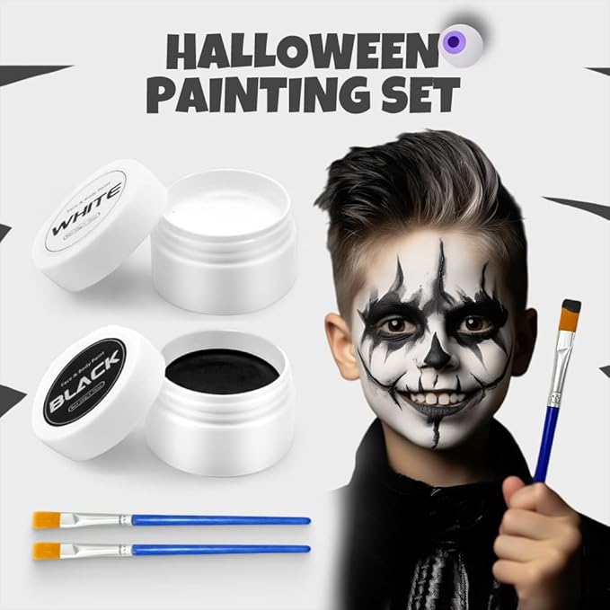 Goth White Foundation Black Red Face Body Paint, 2025 Halloween Decorations Makeup for Body Face, 50ML Halloween Decor Painting Makeup Kit with Brushes for Skeleton Ghost (White*2 + Black*2+Red *2)