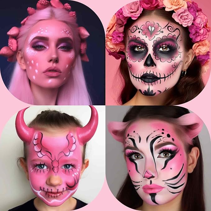 BOBISUKA Pink Face Body Paint, Water-Based Face Painting Kit & Body Paints, Kids Adults Facepaint for Halloween Unicorn Panther Doll & Sugar Skull Makeup, Costume Cosplay Party Theater & Stage