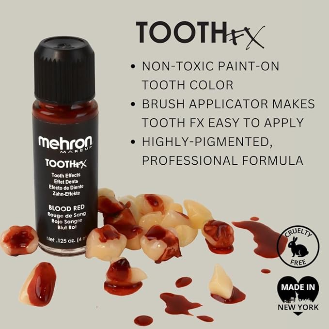 Mehron Makeup Tooth FX Blood Red | Temporary Red Tooth Paint | Perfect for Creating Red Teeth FX, Rotten Teeth Makeup, & Bloody Teeth SFX for Halloween, Cosplay, & Theater .125 oz (4 ml)