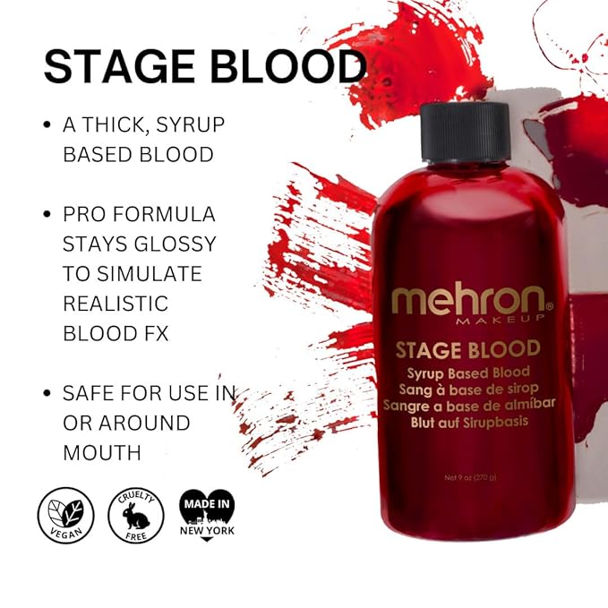 Mehron Makeup Stage Blood | Realistic For Halloween | Washable Fake Blood for Special FX, Stage & Screen, Halloween, & Cosplay (9 oz) (Bright Arterial)