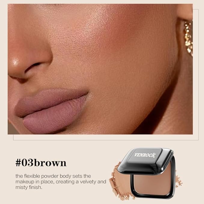 Venrock Soft Velvet Pressed Powder Long-lasting oil control,Natural lightweight finish,Gentle and non-irritating Brightens skin tone Quick touch-ups,Blurs pores,Concealing (03#Brown, 0.23 oz)