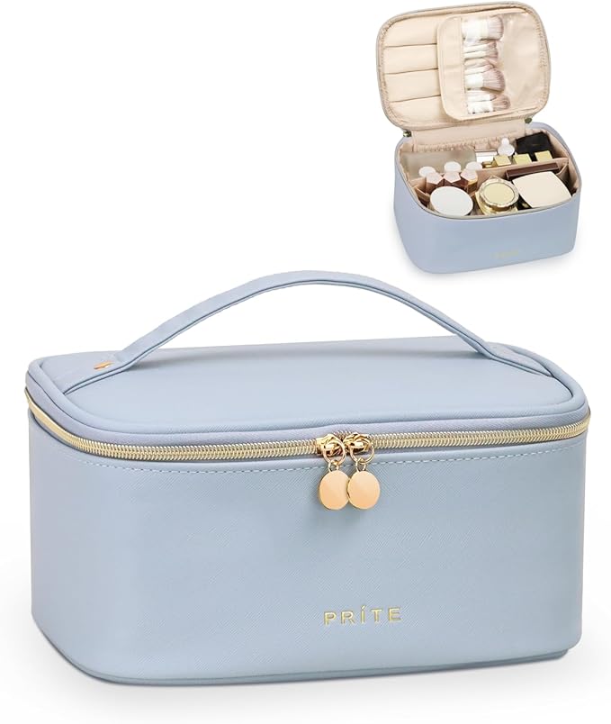 Prite Makeup Bag Portable Cosmetic Organizer with Brush Holder Waterproof Travel Toiletry Bag for Women with Handle and Divider (Blue)
