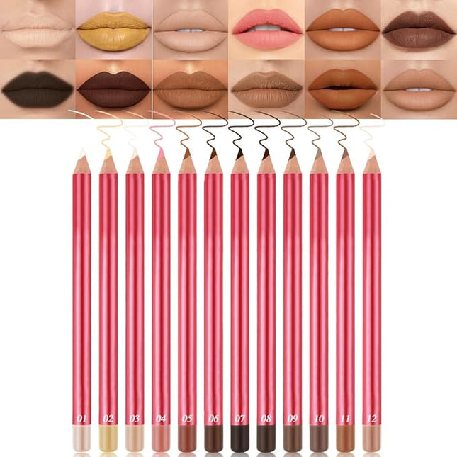 JUAAZIN 12Pcs Lip Liner Pencil Set - Matte Lip Combo for Women, Waterproof & Smudgeproof, Precise Lip Shaping & Sculpting, Includes Sharpener, Assorted Colors Set A