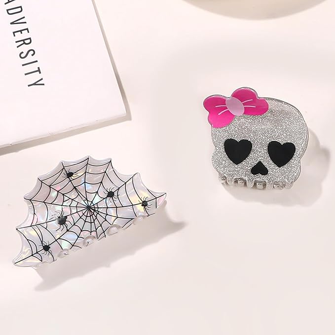2 Pcs Halloween Hair Claw Clips for Women Girls, White Skull Spider Web Claw Clips, Cute Hair Clips with Glitter Sequin Design, Halloween Hair Accessories for for Thick and Thin Hair