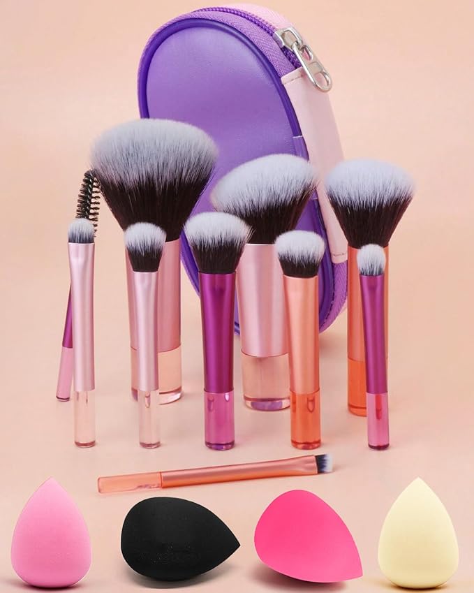 Mini Travel Makeup Brushes Set, 14 Pieces, Portable Full Complete Function Cosmetic Kit with Brush Pouch, On the Go Short Makeup Brush Small Travel Essentials for Women, Girls (Colorful)