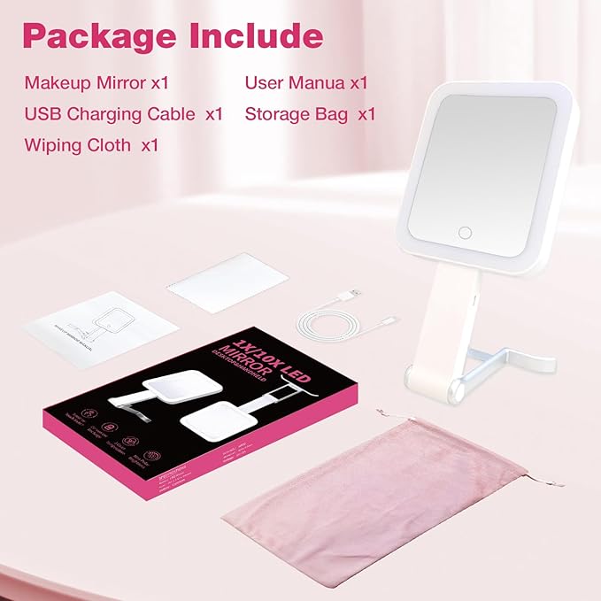 Portable Travel Makeup Mirror with Lights, Double Sided 1X/10X Magnifying Mirror, 3 Color Adjustable Lighting Touch Screen, Rechargeable Lighted Beauty Mirror, Tabletop Handhold Hanging (White)