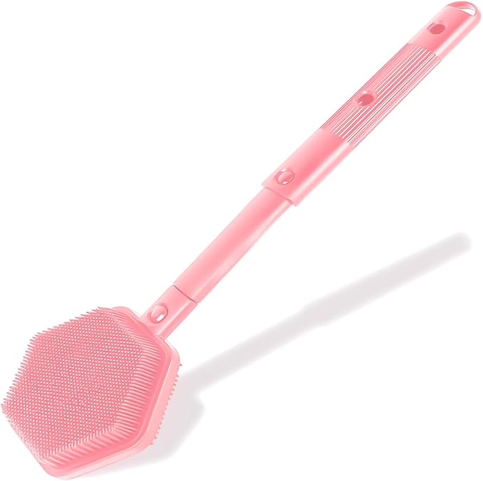 21 Inches Silicone Back Scrubber for Shower - Extendable Shower Brush Long Handle with Stiff and Soft Bristles -Loofah Alternative- Body Exfoliator for Bath or Dry Brush,Men & Woman (Pink)