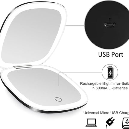 deweisn Compact Mirror, Lighted Travel Makeup Mirror with 1X/10X Magnifying Double Sided Dimmable Portable Pocket Mirror for Handbag, USB Charging(Black)