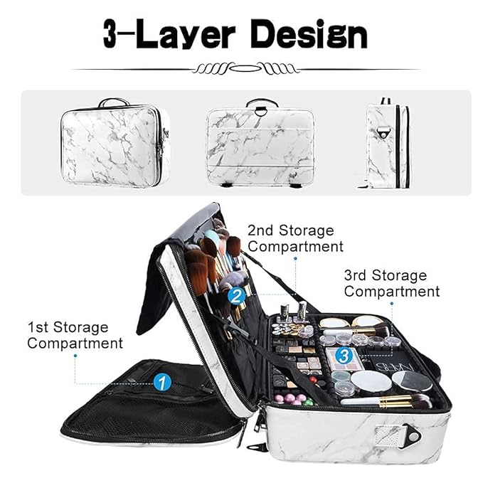 gzcz PU Leather Travel Makeup Case 16.2" Large Cosmetic Bag Organizer Professional Train Case with Adjustable Dividers and Shoulder Strap for Brushes Toiletry Jewelry Digital Accessories