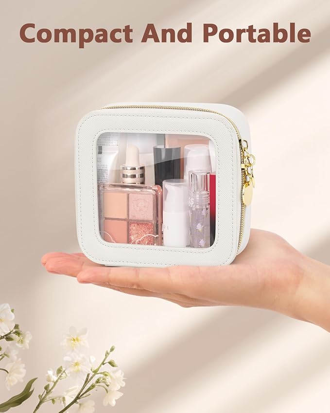 Mini Makeup Bag, Small Makeup Bag for Purse, Waterproof Clear Makeup bag, Leather Cosmetic Bag, Square Make Up Bag Pouch, Toiletry Bag for Travel, Car and Women, Beige