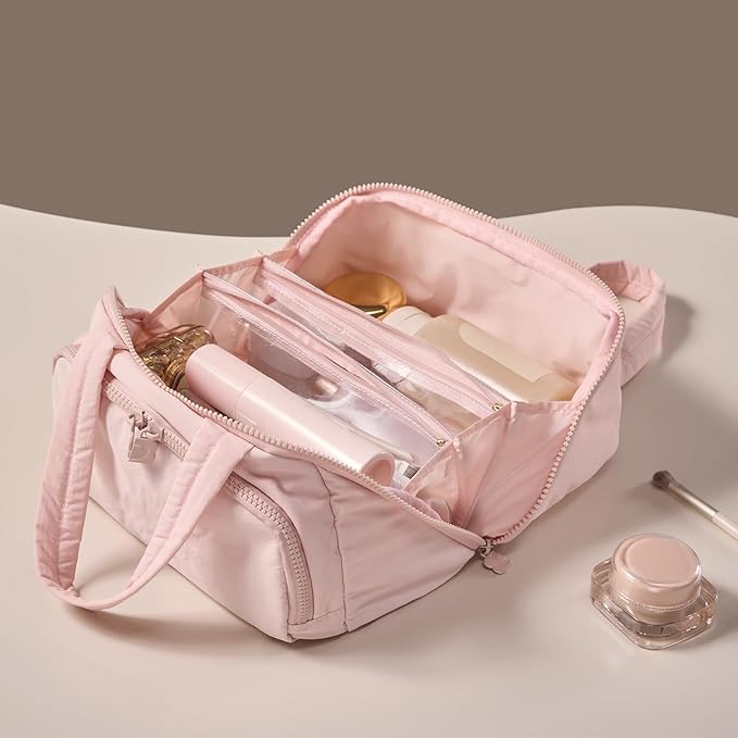 Makeup bag, Large Capacity Cosmetic Bag for Women, Portable Wide-open Toiletry Bag, Travel Makeup Bag with TPU Compartments for Accessories, Essentials, Toiletries, Makeup Brush Bag