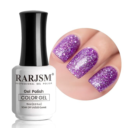 RARJSM Lavender Gel Nail Polish Glitter Sparkly Iridescent Rainbow Purple Shimmer Holographic Nail Gel Polish Soak off L e d U V Curing Required High Pigments for Home Salon Manicure Nail Art 15ml