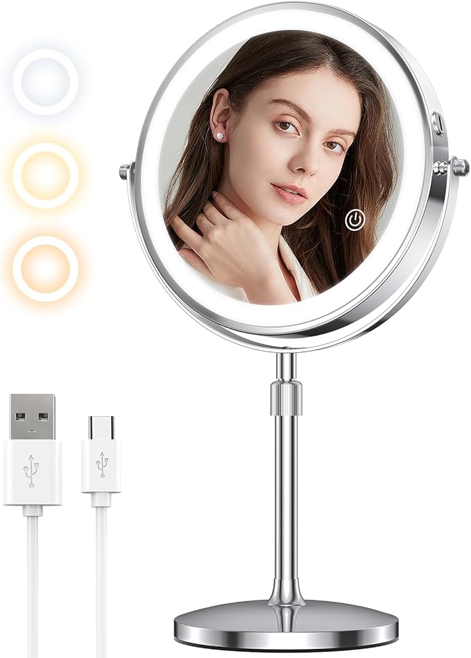 MILPROX 8 Inch Makeup Mirror with 10X Magnification & 3 Color Lights, Adjustable Brightness & Height, Rechargeable Double Sided 1X 10X Magnifying Mirror, Lighted Makeup Mirror Touch Sensor - Silver