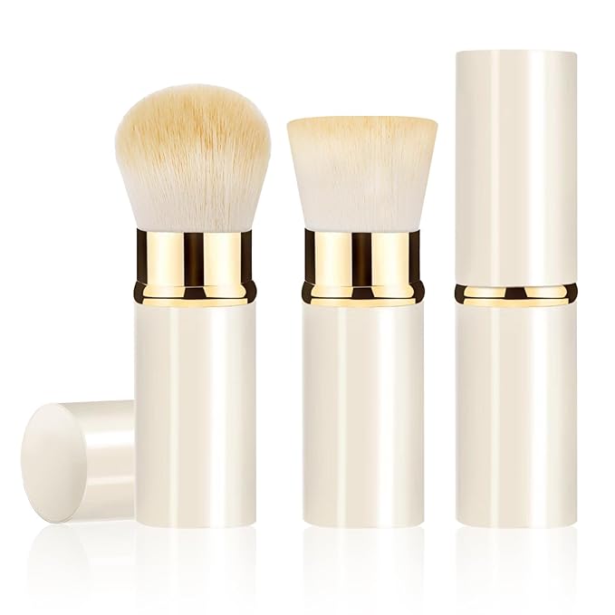 Retractable Kabuki Makeup Brush 2 Pack, Travel Powder Foundation Makeup Brush Face Blush Brushes for Blending Liquid, Blush, Bronzer, Buffing, Sunscreen,Flawless Cosmetics