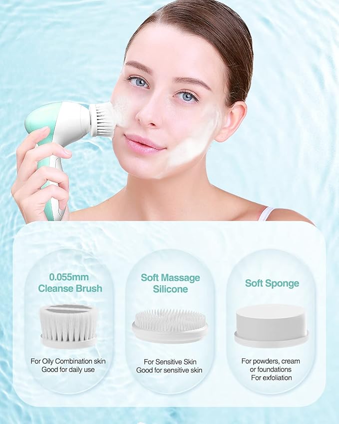 Electric Facial Cleansing Brush for Women, 3-in-1 Face Cleanser and Exfoliator Brush with 3 Brush Heads, 2 Speeds, Waterproof Spin Brush, Portable Travel Case (Green, Battery Operated)