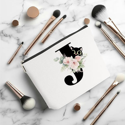 Floral Cat Initial Makeup Bag, Personalized Skin Care Bag, Travel Organizer Toiletry Bags for Women Mom Friends, Cosmetic Bags Makeup Pouch with Zipper, Letter J