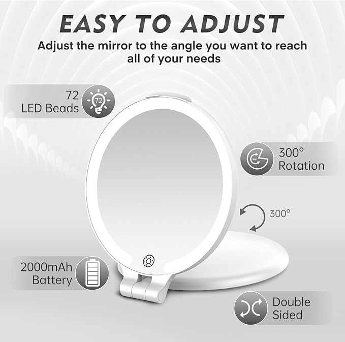 FUNTOUC Travel Mirror with Light, 1X/10X Double Sided Magnification Makeup Vanity Mirror with 3 Color Setting, Chargeable Foldable Portable Travel Essential Vanity Mirror with Bag