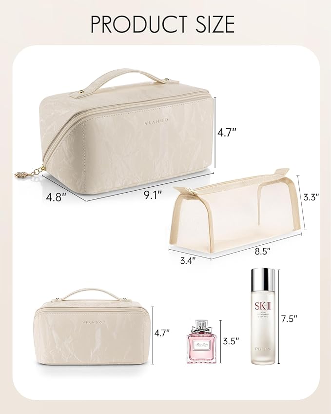 Vlando Makeup Bag,Large Capacity Toiletry Bag for Women Waterproof Portable Make up Pouch PU Leather Open Flat Cosmetic Bag(Cream White)
