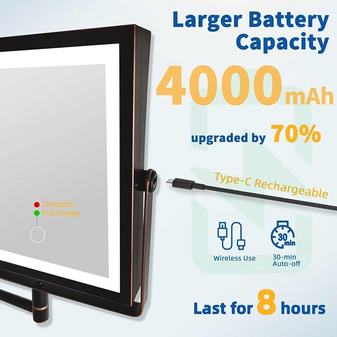 Ruacq Rechargeable Wall Mounted Makeup Mirror with Lights, Double Sided 1X/10X Magnifying Vanity Mirror with 3 Color Lights, Touch Screen Dimmable, 360° Rotation Foldable Arm (Oil Rubbed Bronze)