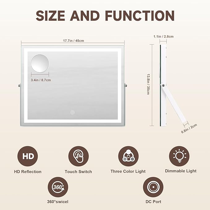 MINISO Vanity Mirror with Lights, 17.7" x 14" LED Makeup Mirror, Light & Brightness Adjustment, Smart Sensor, 360°Rotation, Aluminum Alloy Metal White Frame, with 5X Magnifying Glass