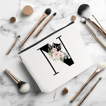 Floral Cat Initial Makeup Bag, Personalized Skin Care Bag, Travel Organizer Toiletry Bags for Women Mom Friends, Cosmetic Bags Makeup Pouch with Zipper, Letter N