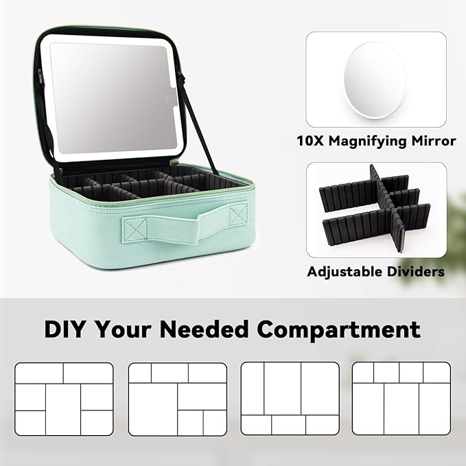 Travel Makeup Bag with LED Mirror and 10x magnifying glass with 3 Lighted Settings, Adjustable Dividers and Makeup Brush Storage Bag Light Green