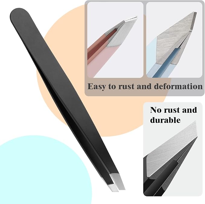 Stainless Steel Tweezers for Eyebrows-Slant Tweezer with Case for Women&Man,Great Precision on Brow,Facial Hair and Ingrown Hair Removal(Black)