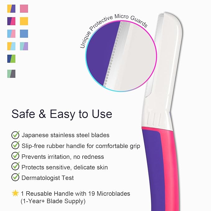 Dermaplane Razor - Facial Razor for Women - Dermaplaning Tool, with 19 Microblades for Face, Peach Fuzz Remover, Remove Facial Hair for Smoother Skin and Perfectly Shape Brows, Fuchsia