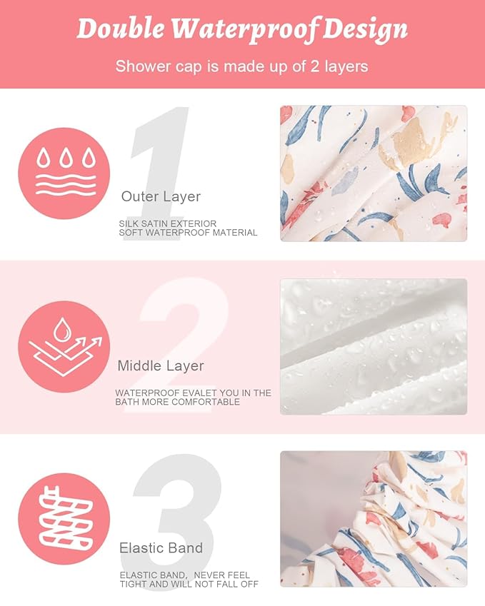 Aquior Shower Caps, Double Layer Waterproof Shower Cap for Women, Reusable Large Shower Cap for all Hair Lengths with EVA Lining, Soft Bath Shower Caps