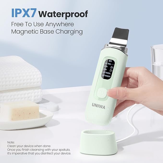 UNIWA Skin Scrubber Face Spatula, Skin Scrubber Pore Cleaner Blackhead Remover Tool for Deep Facial Cleansing - 4 Modes, Face Spatula with USB Charger, LCD Display, IPX7 Waterproof -Green
