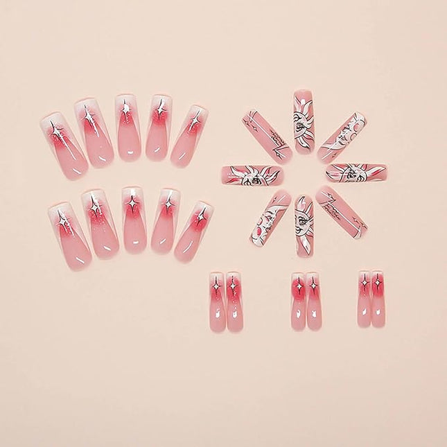 RUOKEXIN Long Square Press-On Nails - Pink Ombre, White French Tip Glitter Artificial Nails with Sun Moon Designs - 24 Cute, Glossy Glue-on Sets