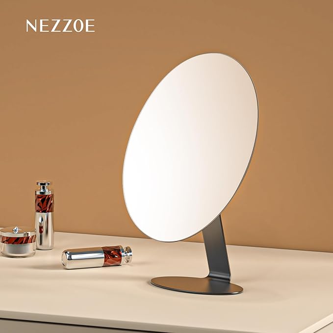 Oval Makeup Mirror for Desk, 12 Inch Frameless Metal Standing Table Top Mirror, Adjustable Angle