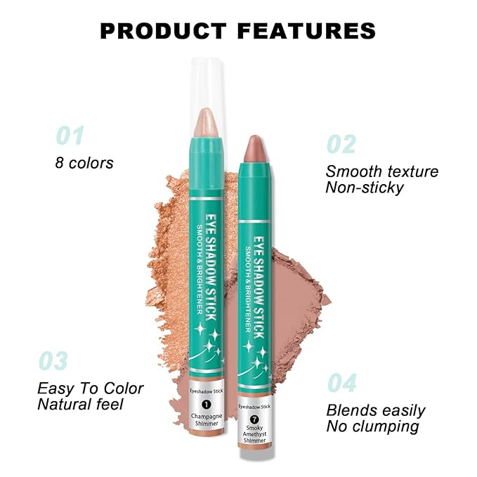 8Pcs Eyeshadow Stick, Eye Brightener Stick, Shimmer Creamy Eye Shadow Makeup, Waterproof Long Lasting Glitter Highlighter Eye Liner Pencil (SET A)