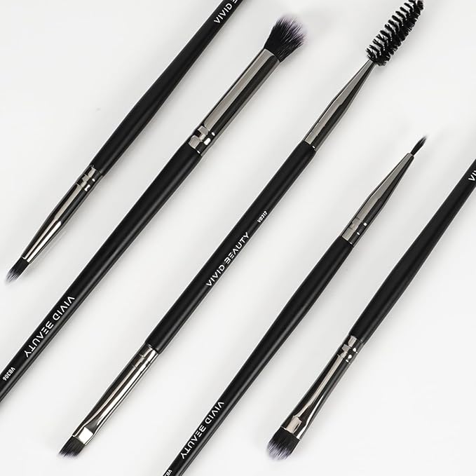 Eye Makeup Brush Set 5pcs - Blending, Concealer, Eyeshadow, Eyeliner & Dual Ended Brow Brushes, Soft Bristles and Wood Handle for Natural, Smoky and Bold Eye Looks - Small Travel Eyes Kit (Black)