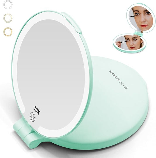 6.3 Inch Rechargeable Folding 10x Magnification Double Sided Makeup Mirror with Lights, Portable Travel Mirror for Women with Nearsightedness | Travel Essentials for Women