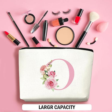 Pink Monogram Makeup Bag, Initial O, Cosmetic Bag Personalized Travel Organizer Bags Makeup Pouch, Monogrammed Gifts for Women Girls Friend Sisters Daughter Bridesmaid Wedding Bridal Shower Gifts