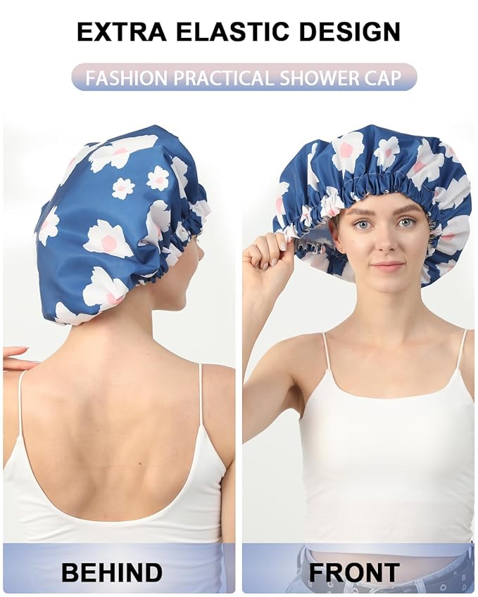 YIZIJIZI Shower Cap,Shower Caps for Women Reusable Waterproof,Two Layer Large Shower Caps Reusable Suitable for All Types of Straight Hair, Curly Hair, Long Hair,Braids (Blue flowers)