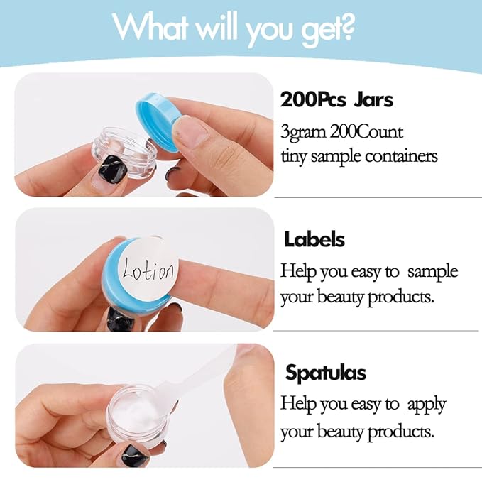 3 Gram Sample Jars with Lids, 200 Count Tiny Sample Jars, Empty Lip Balm Containers, Mini Cosmetic Containers, Makeup Travel Containers with Labels, Mini Disposable Spatulas