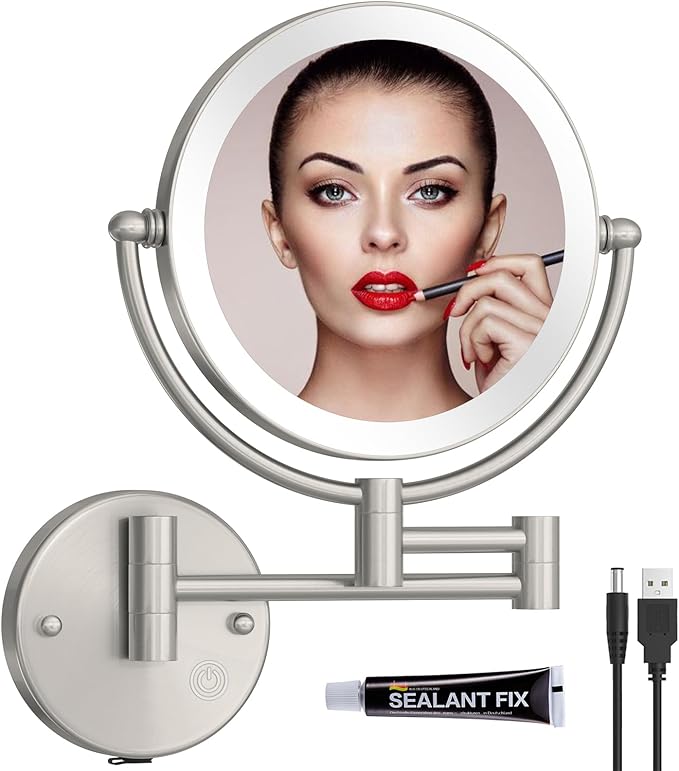 8 Inch Rechargeable Brass Lighted Magnifying Mirror Wall Mounted, 1X/5X Double-Sided Bathroom Personal Makeup Mirror with Light, Brushed Nickel