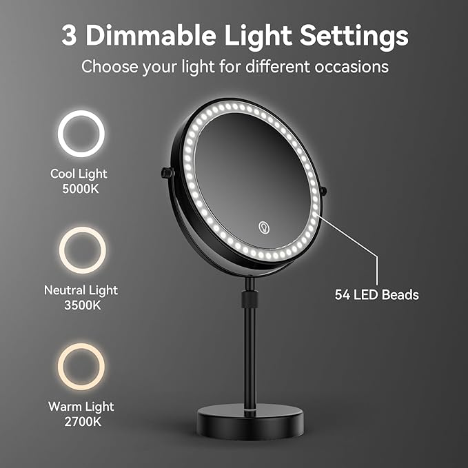 Nicesail LED Lighted Makeup Mirror Tabletop, 10X Magnifying Mirror with 3 Color Lights, Brightness Adjustable Height Adjustable, 15''~19'' Double Sided Touch Switch Desk Mirror, Black(8 Inch, 10X)