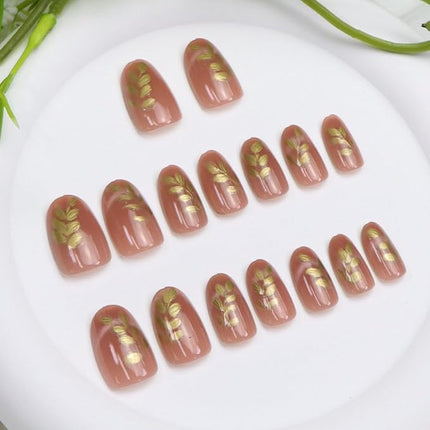 Press on Nails Short Oval Fake Nails with Cat Eye Gold Leaves Designs Nude Pink Glue on Nail Glossy Acrylic Nail Cute Daily Wear Simple Fall Stick on Nail for Women 24 Pcs