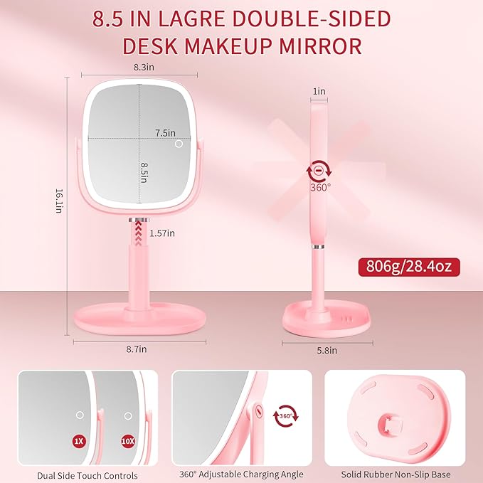 Lighted Makeup Mirror, 2600mAh Rechargeable 1x/10x Magnifying Vanity Mirror, 8.5" Height Adjustable Makeup Mirror with Lights 3 Color, 360° Rotation 2-Sided Light up Large Desk Mirror - Pink