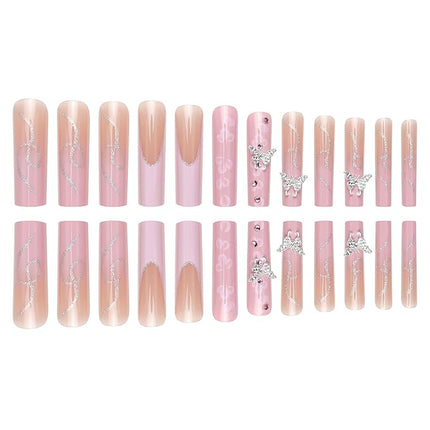 RUOKEXIN Pink French Tip Press on Nails Long Coffin Fake Nails Acrylic False Nails with 3D Silver Butterfly Designs Glitter Nail Press ons Glossy Artificial Nails Summer Stick on Nails for Women 24Pcs