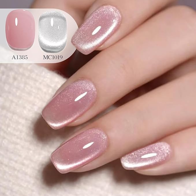 Double Rhythm 0.5 OZ Cat Eye Gel Polish with Magnet 15ML Holographic Glitter Shimmer Translucent Jelly Color Magnetic Polish Salon DIY at Home (Silver-MC1019)
