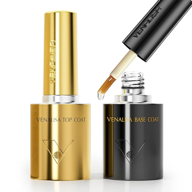 VENALISA 2 Pcs No Wipe Gel Top Coat and Base Coat Set- High Gloss Shiny Base Top Coat Gel Nail Polish Kit, Soak Off Nail Art Home and Professional Manicure