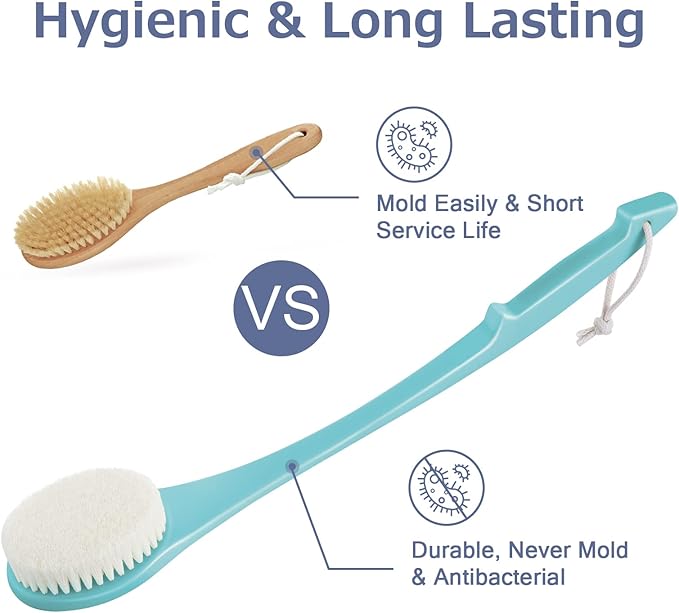 Body Back Scrubber – 17'' Long Handle Shower Brush, Durable Exfoliator for Dry & Wet Use, Deep Cleansing & Gentle Exfoliation for Smooth Skin – for Men, Women & Elderly (Gray)